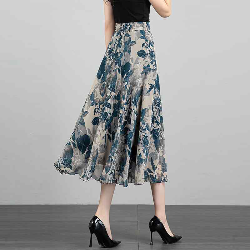 夏 シフォン 花柄 プリント スカート レディース ハイウエスト Aライン 中長丈 大きめ フレア 涼しい 軽量 女性用 普段使い 通勤 フェミニン スタイル
