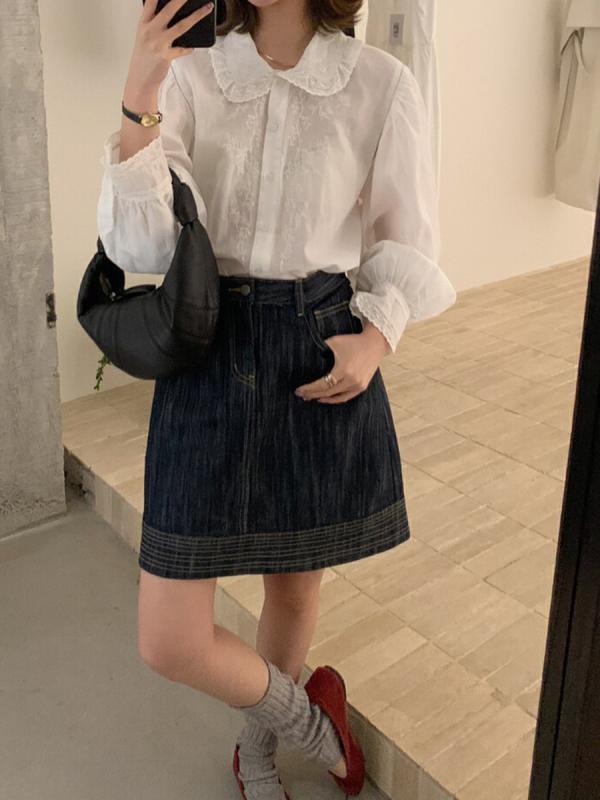レディース 春夏 レース 花柄 フリル 襟 長袖 ブラウス シャツ トップス 柔らかい 綿混 軽量 伸縮性 吸湿速乾 百搭 普段使い 通勤用 カジュアル スタイル ピンク系 アイボリー ブラック