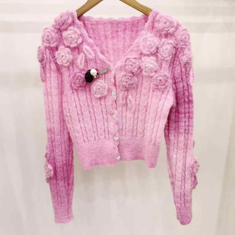 ニット カーディガン 女性用 かわいい ピンク 花柄 Vネック ソフト ふんわり スリム フレンチ スタイル 甘め 軽量 伸縮性 細身 レイヤード 普段使い 秋冬