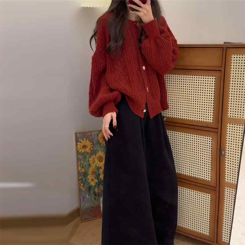 ニット カーディガン 女性用 加厚 秋冬 赤 ゆったり セーター コート トップス 暖か 長袖 ニットウェア 柔らか 普段使い 暖房不要 防寒 ゆったりシルエット 赤系 コットン混 伸縮性