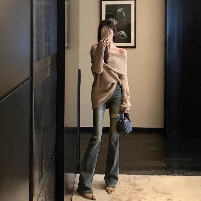 レディース ジーンズ デニムパンツ 秋冬 高腰 伸縮性 スリムフィット フレアパンツ 馬蹄型 修身 スリム ハイウエスト 弾力 ヴィンテージ 洗い加工 ビッグシルエット 普段使い 通勤用 軽量 再生繊維 ダークカラー ブラック ブルー系|リバーパディ