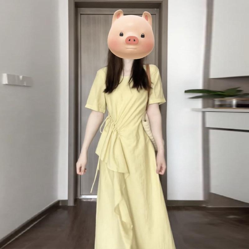レディース ワンピース フランス風 優しいスタイル 不規則 ティータイム 夏用 ゆったり スリム ファッション 上品 ドレス 膝丈 軽やか コットン混 日常使い