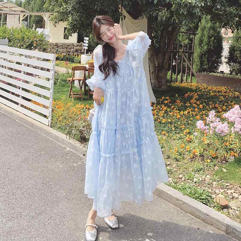レディース 衣裳 夏 点火装置青碧 小花柄 フレンチ表現スタイル ゆったり影ぼうし 清 減齢 御召しもの 口さかしい 口さかしい 通い 普段使い走り 膝丈 綿織物混 吸湿速乾 Vのど首 膝下丈
