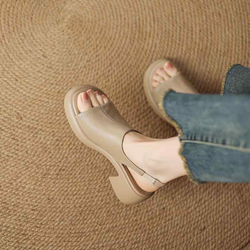 夏用 オープントゥ ハイヒール サンダル レディース 杏色 厚底 ローマン ストラップ ソフト シープスキン革 クッション性 疲れにくい 軽量 快適 普段使い