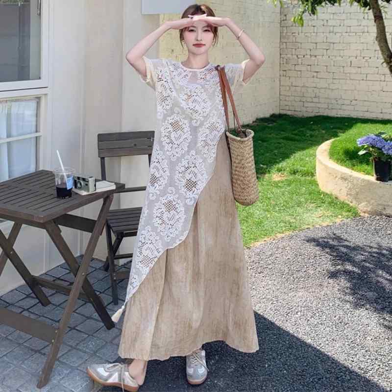 ワンピース レディース 春夏 フレンチスタイル レイヤード セット キャミワンピース 大きめ サイズ レース お腹カバー ぽっちゃり対応 軽量 伸縮性 日常使い