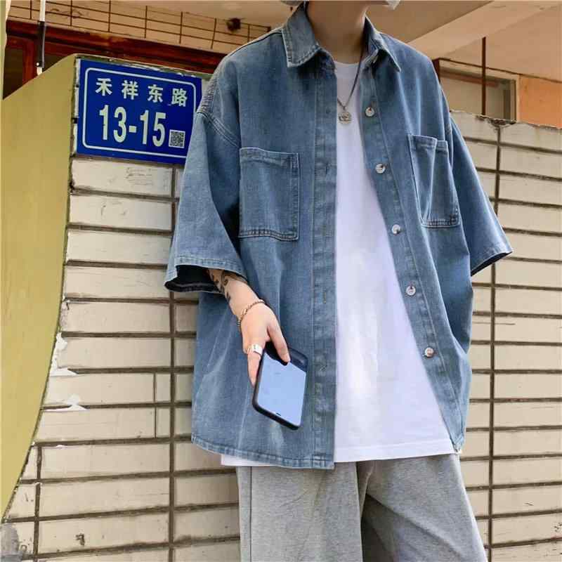 シャツ メンズ デニム 短袖 日系 風 夏用 シワ防止 カジュアル トップス 軽量 通勤 普段使い コーディネート 綿混 伸縮性 ビッグシルエット ブルー系 グレー