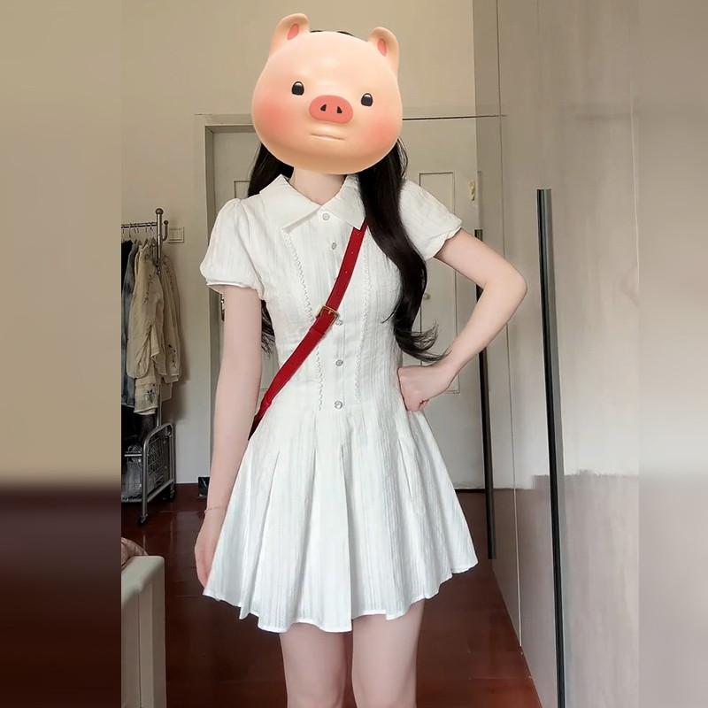 ワンピース レディース 夏 白 シャツワンピース 学院風 小柄向け ミニ丈 かわいい フェミニン カジュアル スタイル 爽やか 通気性 軽量 コットン混