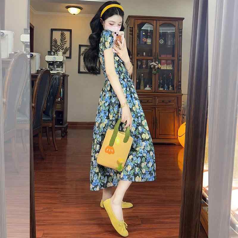 衣装 レディース 真四角素っ首 小花柄 ロング御召しもの 夏 たまり場風 酉の方角目じるし 体型覆いかぶせる か細い成り行き 小っちゃい向け 窈窕たる フレンチ表現スタイル 口さかしい 影ぼうし 花柄刷り上げる 膝下丈 日常使い走り 御休み