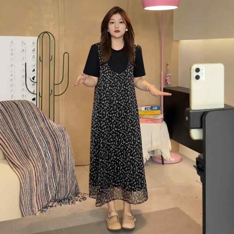 ワンピース レディース 夏 大きいサイズ フレンチスタイル ティータイム風 フェイクツーピース 小花柄 ゆったり スリム見え 若見え ショートスリーブ ドレス カジュアル