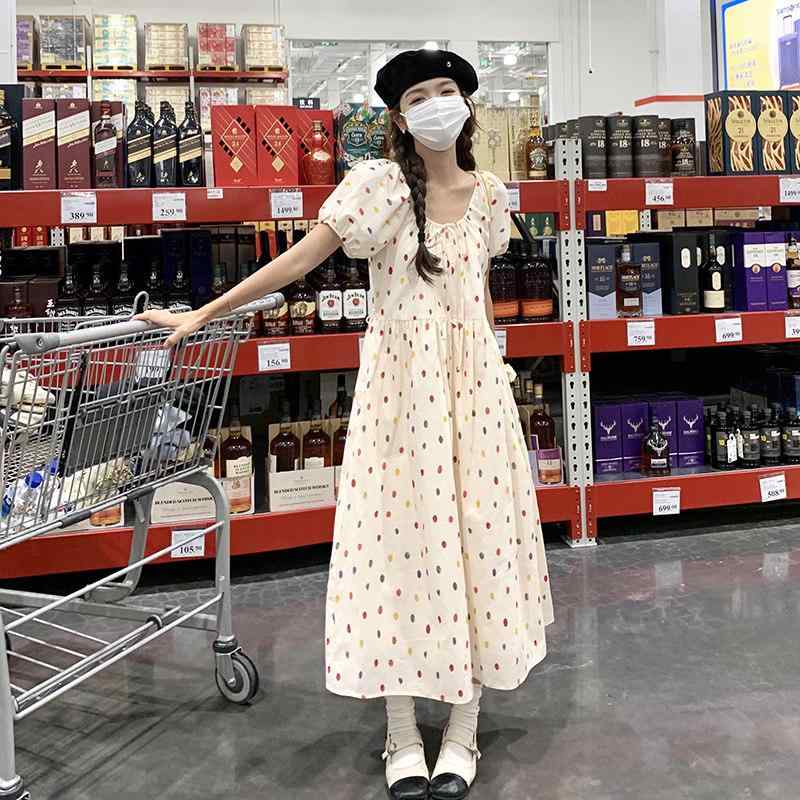 衣装 レディース 杏色 ポルカ点点柄 フレンチ表現スタイル 夏用 心地好い 流行り物 可愛らしい うしろ帯向け 口さかしい 綿織物混 膝丈 太陽面爆発影ぼうし 普段使い走り 口さかしい 桃色つや