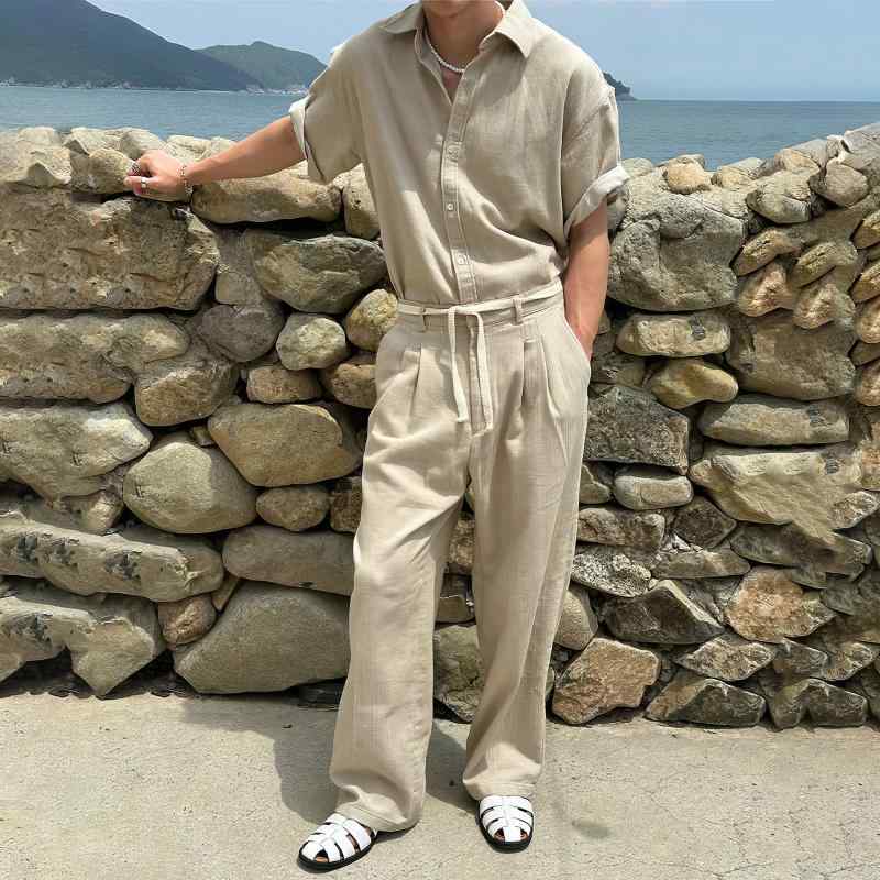 メンズ 春夏 短袖 折り襟 麻 プルオーバー ゆったり ズボン下 書き割り 御前上等感 涼感  心地よい 普段使い走り 通気性 軽さ 冷やりとした 表現スタイル