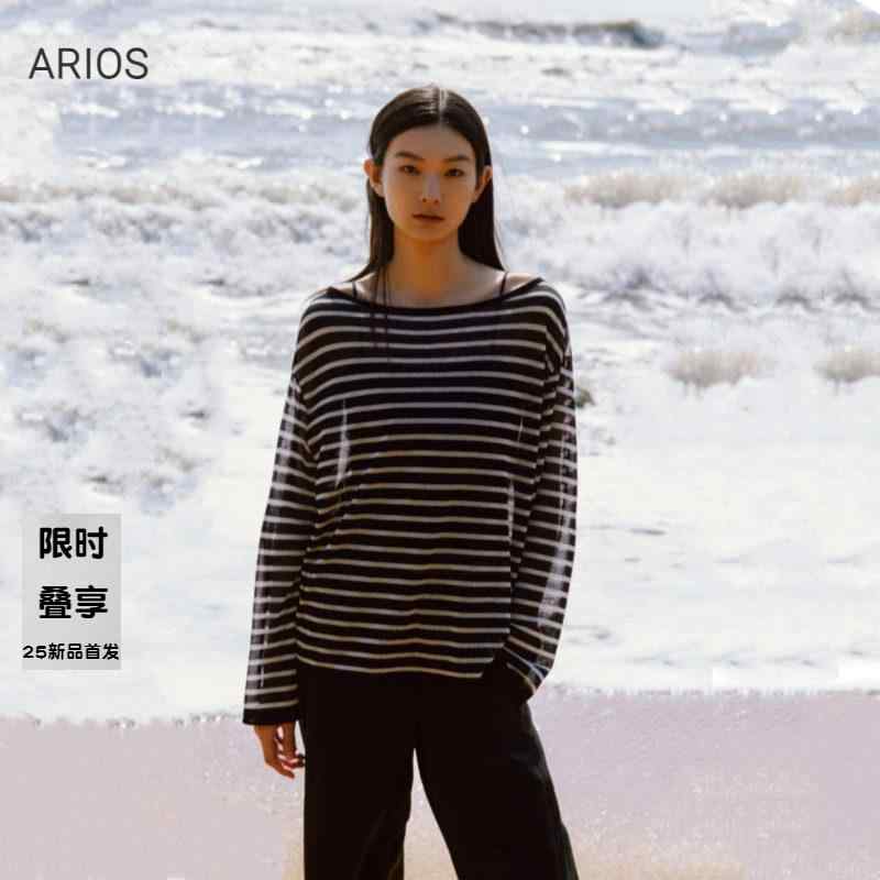 レディース ニットセーター 夏 薄手 シンプル モダン 黒白 ストライプ ベーシック トップス 普段使い 軽量 伸縮性 吸湿速乾 コットン混 ラウンドネック ロングスリーブ カジュアル スタイル
