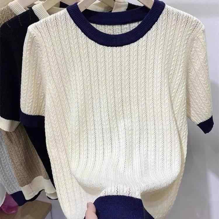 ニット トップス メンズ レディース 接触冷感 薄手 短袖 夏 レトロ 配色 ツイスト 編み レース ラウンドネック ビッグシルエット ゆったり 吸湿速乾 軽量 カジュアル