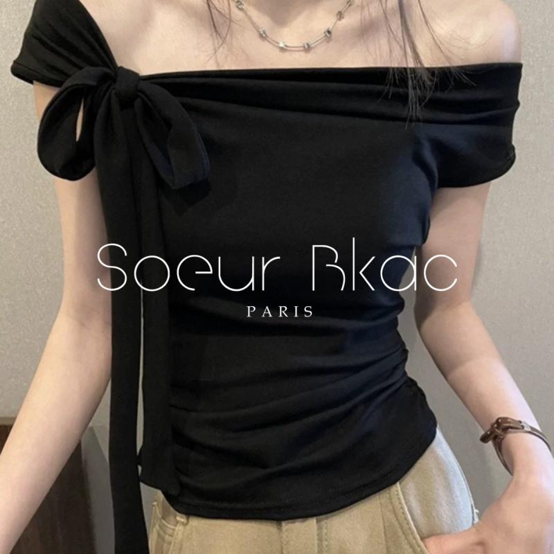 Tシャツ レディース 夏 ガーリー セクシー 蝶結び 紐 ボートネック 半袖 スリムフィット ショート丈 かわいい トップス カジュアル デイリー