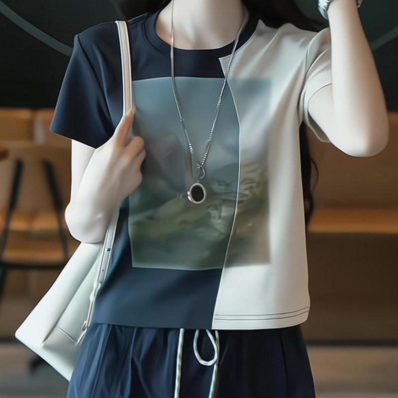 半袖 Tシャツ レディース 夏 カジュアル プリント 柄 切り替え スリム 効果 正肩 短丈 トップス 軽やか スタイル 普段使い｜リバーパディ