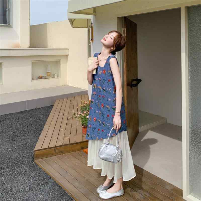 ワンピース レディース 夏 ノースリーブ ロング コントラストカラー 切り替え フレンチスタイル 刺繍 小花柄 かわいい 軽量 涼しい 日常使い