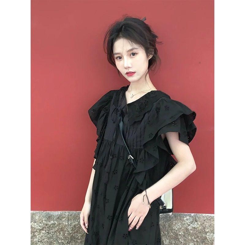 ワンピース レディース ブラック パフスリーブ ゆったり 花柄 ロング 韓国 かわいい 優しい ティータイム スタイル 若見え 気品 軽やか シルエット 日常使い 通勤対応 コットン混 素材 伸縮性 快適 フィット