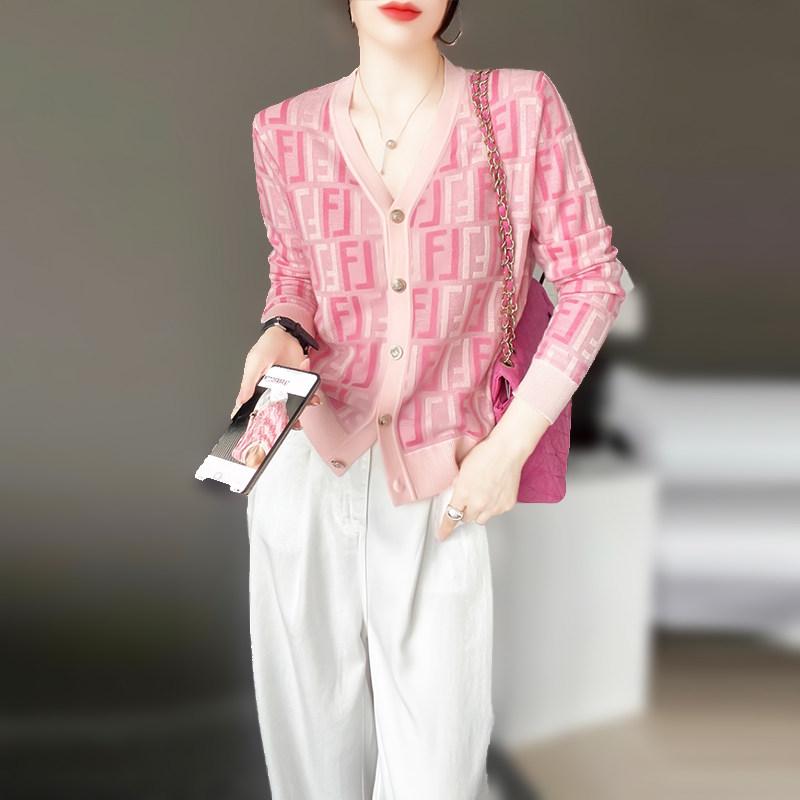 レディース カーディガン Vネック 長袖 ニット ピンク アルファベット 提花 アウター トップス 春夏 軽量 伸縮性 吸湿速乾 切り替え 普段使い 通勤用