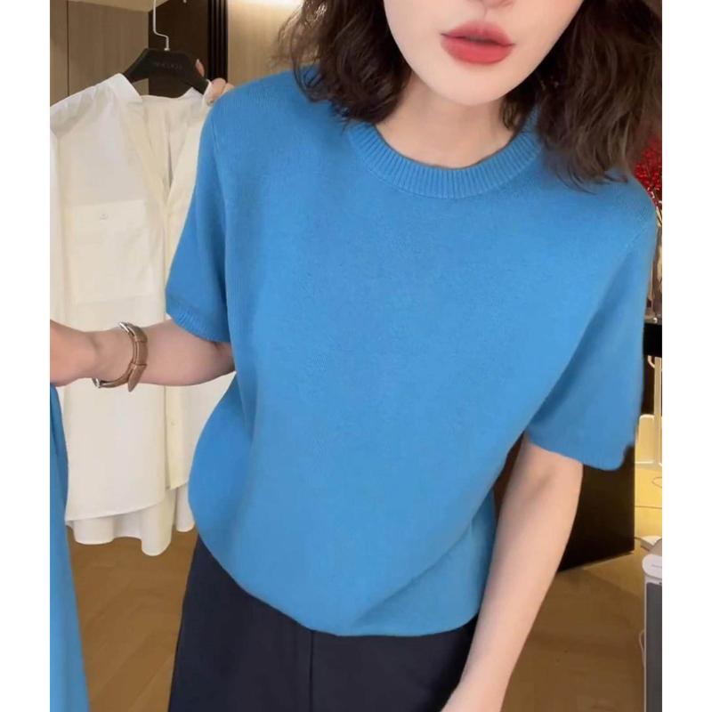 女性用 夏 半袖 ニット Tシャツ 無地 フレンチスタイル エレガント クルーネック ゆったり 通勤 トップス 軽量 吸湿速乾 コットン混 ベーシック コーデ 普段使い