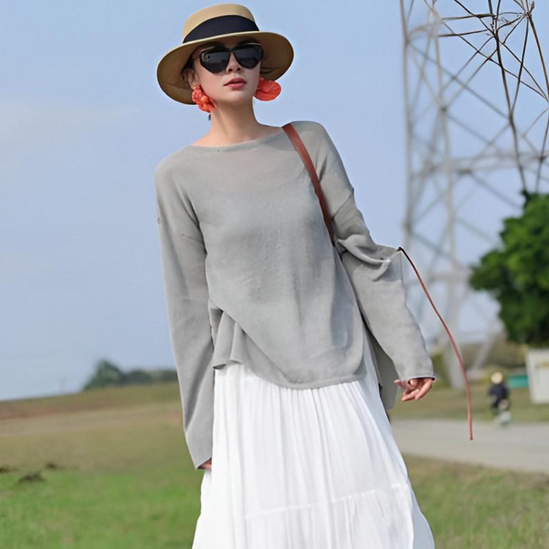 レディース 長袖 ニット トップス 接触冷感 クルーネック ゆったり フィット 小柄対応 UVカット 防晒 春夏 普段使い カジュアル 吸湿速乾 軽量