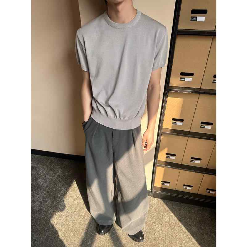メンズ Tシャツ レトロ クリーンフィット 単色 クルーネック ニット スリム ショートスリーブ 接触冷感 夏用 トップス カジュアル 普段使い 吸湿速乾