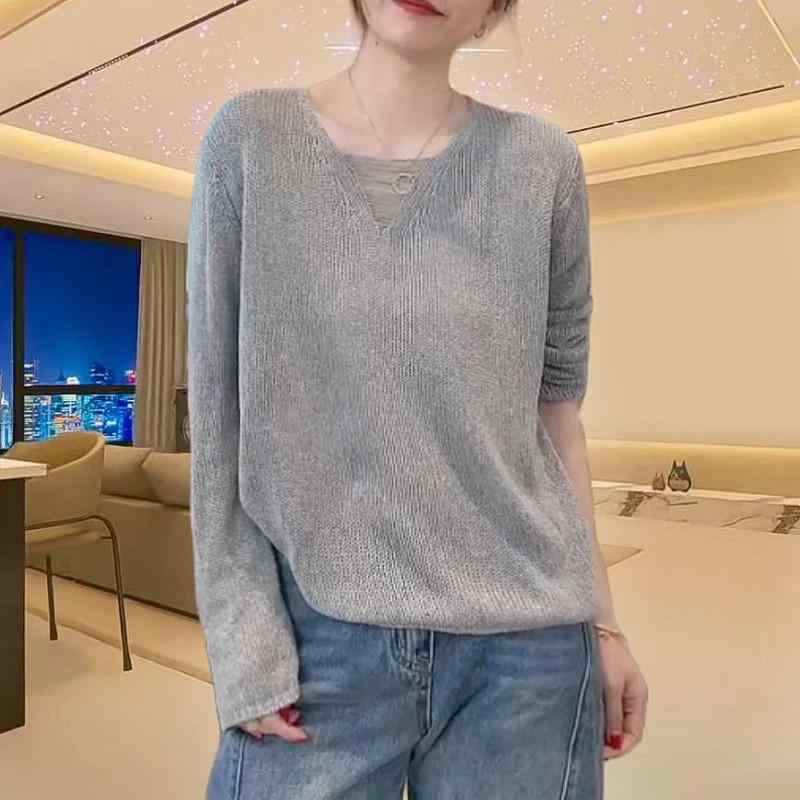 レディース ニットセーター 夏用 大きめサイズ ゆったり 無地 Vネック 長袖 UVカット プルオーバー ルーズフィット リラックススタイル カジュアル トップス 軽量 吸湿速乾 ファッション