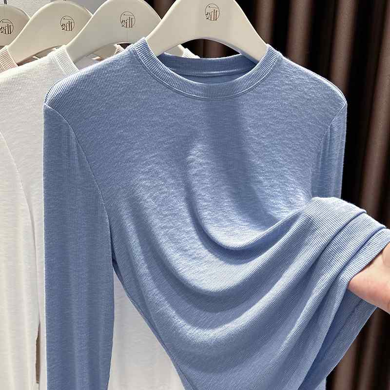 レディース ニット インナー トップス 竹節 綿 素材 スリム フィット クルーネック 長袖 ブルー 暖か 冬用 コート 合わせ 吸湿 速乾 日常使い