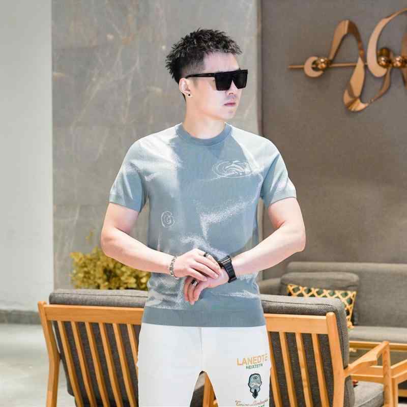 春夏 ニット トップス 短袖 Tシャツ ラウンドネック 絹混紡 ライトブルー 高級感 薄手 軽量 吸湿速乾 接触冷感