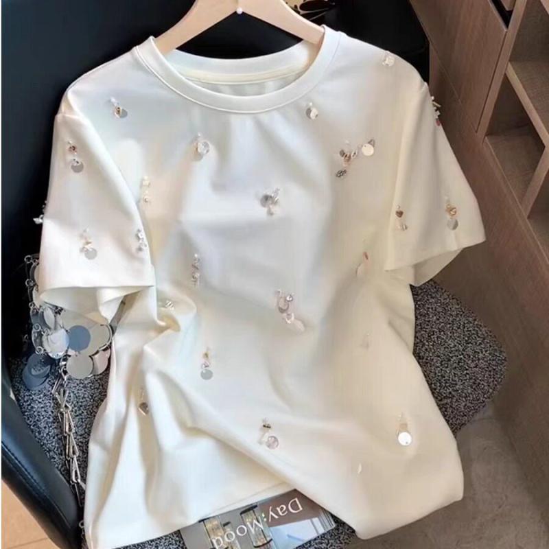 Tシャツ レディース ホワイト 貝殻 ビーズ スタッド 装飾 ニット 半袖 フィット カジュアル 夏用 ベーシック トップス 普段使い 軽量 伸縮性