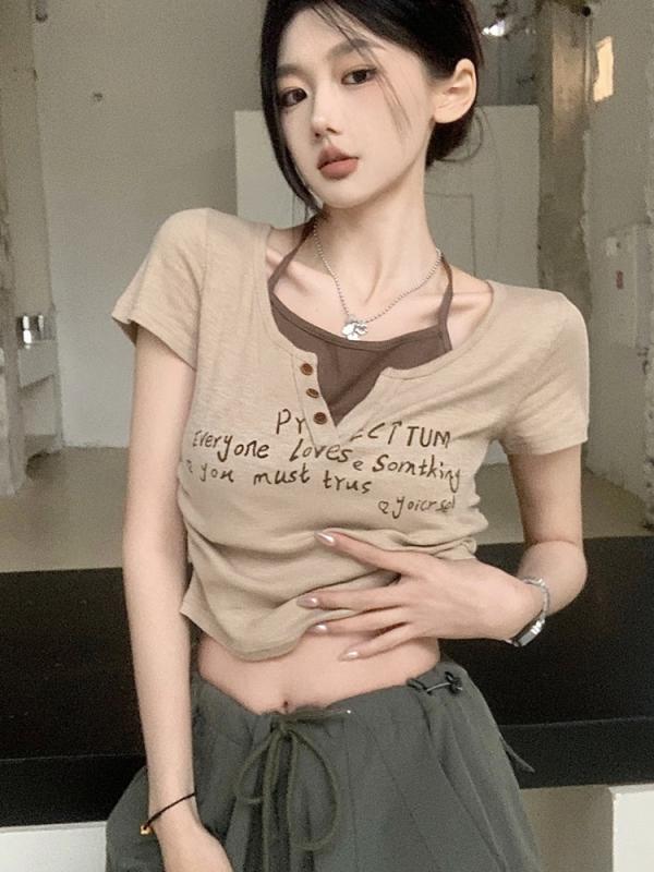 レディース 夏用 Tシャツ アメリカン レトロ 正肩 短袖 ユニーク セクシー スタイル スリム フィット ショート丈 ハルターネック フェイク ツーピース トップス 軽量 コットン 混 吸湿 速乾 伸縮性 カジュアル 普段使い