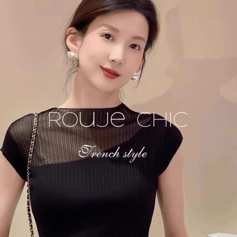 Tシャツ レディース 短袖 ニット トップス ブラック 半透明 シースルー 接触冷感 夏用 スリム フィット カジュアル 普段使い 軽量 伸縮性 吸湿速乾|リバーパディ