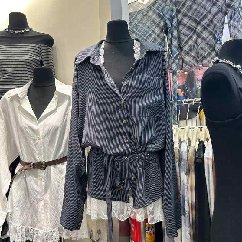 レディース 春夏 トップス セット 韓国 知性派 ストライプ シャツ レイヤード レース ハルターネック キャミソール 軽やか レイヤースタイル