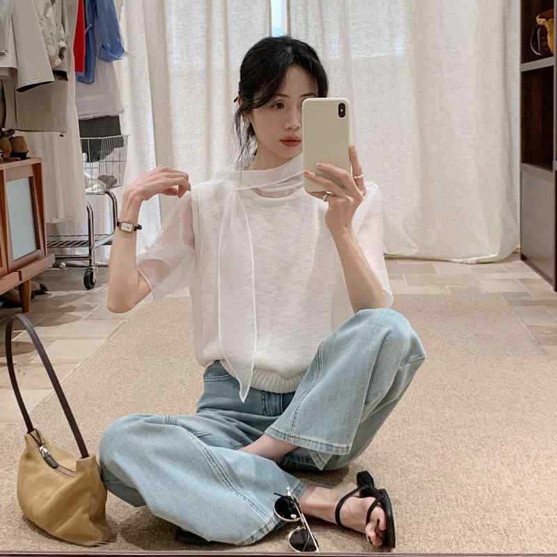 レディース 夏 白 透け感 シフォン トップ シュロの葉  編み物 より良い 仕掛ける 口さかしい トップス お上さん用 上張り 組みあわせ 冷やりとした 原料品 綿混 もの柔らか