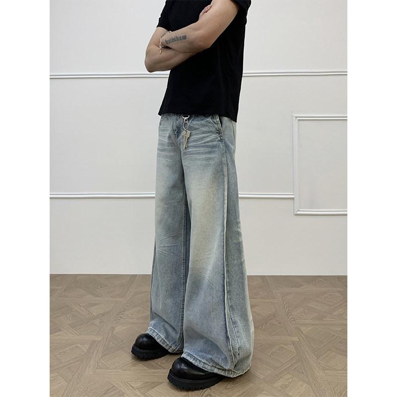 メンズ レトロ ウォッシュ シワ加工 ゆったり ワイドレッグ デニムパンツ バギースタイル カジュアル ジーンズ 普段使い ストレッチ 素材 ブルー系｜リバーパディ