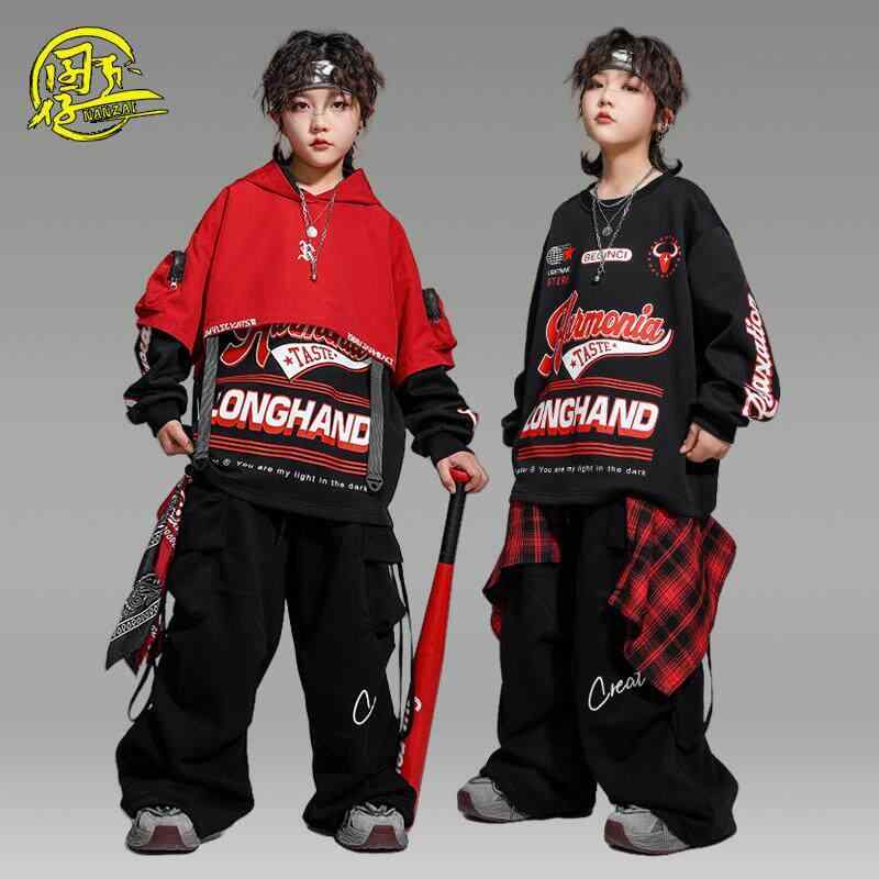 キッズ ヒップホップ ストリートダンス パフォーマンス スウェット セットアップ 男女兼用 かっこいい スタイル ユニセックス ダンスウェア ショー用 ストリートファッション