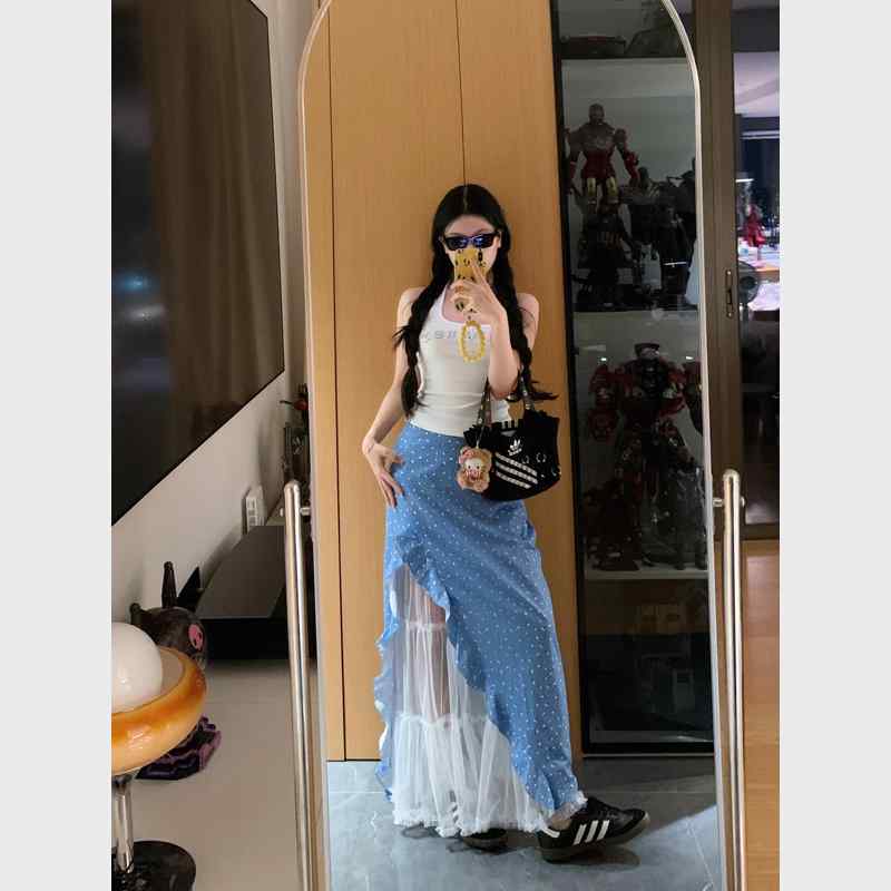 ロングスカート レディース 夏 ブルー 小花柄 レース 切り替え ハイウエスト 細見え アシンメトリー フリル スリット 軽やか 涼感 フェミニン ミディ丈 ロング丈 カジュアル 普段使い