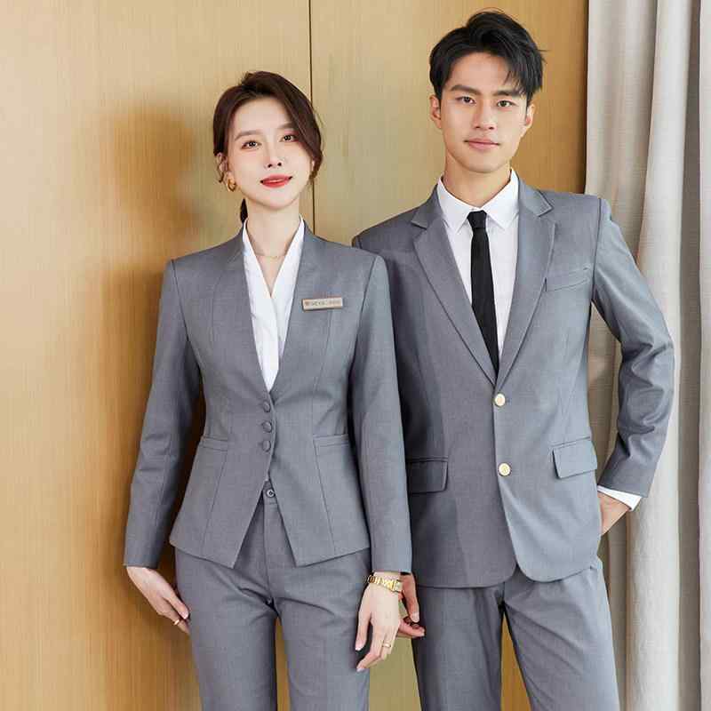 ビジネススーツ メンズ レディース グレー ホテル制服 上品 職業装 セット ジャケット フォーマル 会議用 フロント 接待服 軽量 ストレッチ