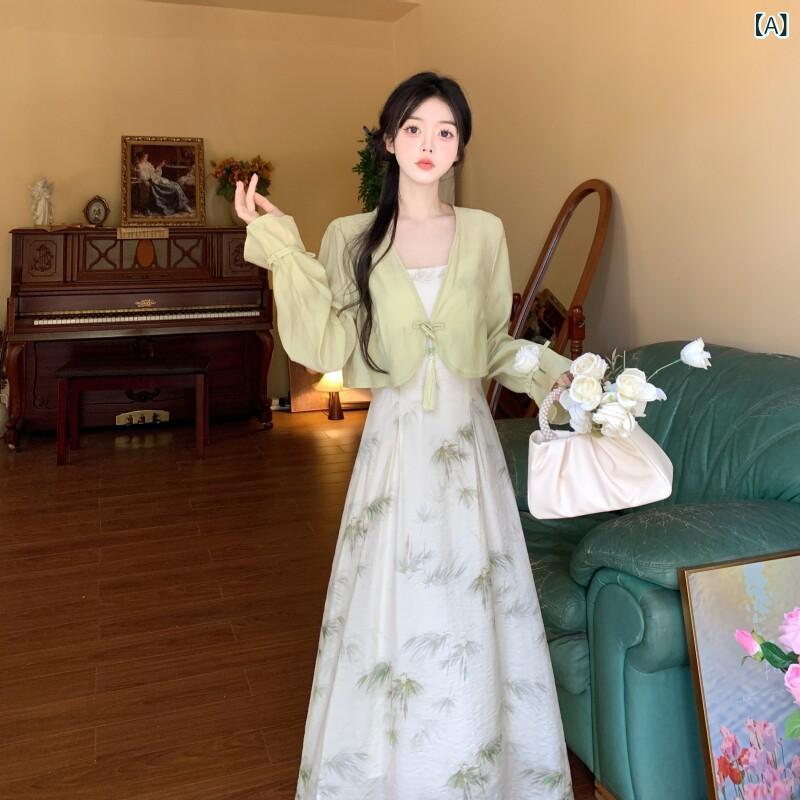衣装 レディース 中国風 緑であること 小花柄 キャミソール A伝達ルート 中長 2点仕掛ける ジレー 大きめ 大いさ ゆったり 影ぼうし 心地好い 日常使い走り お花 ドレス-レディースファッション