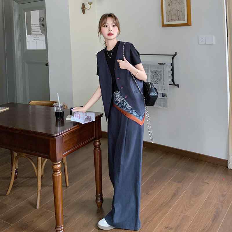 レディース 夏 古典派音楽 より良い トップス ワイドレッグパンツ 3点書き割り 紺色 御前上等感 雅びやか 韓国 軽さ 吸湿速乾 心地よい