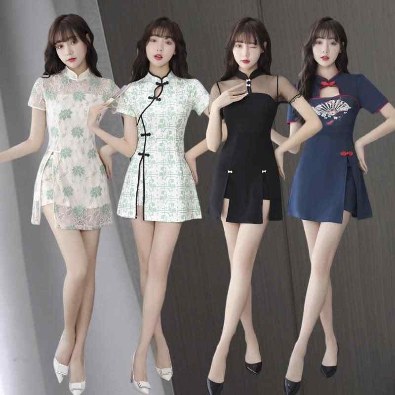 チャイナドレス レディース 型 スリム ワンピース 2点セット 技師 作業服 足浴 サウナ スパ 用 細見え 伸縮性 素材