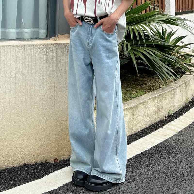 メンズ ジーンズズボン下 ゆったり ワイドレッグ 引っ切りない ロング丈 アメリカン表現スタイル ウォッシュ工業 点火装置青碧 淡色 心地よい 普段使い走り 綿織物原料品 軽さ 伸縮性