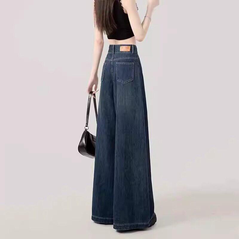 レディース ハイウエスト デニムパンツ 夏用 ワイドレッグ ゆったり スリム効果 ドレープ感 カジュアル 普段使い ストレッチ素材 軽量 接触冷感 ブルー系