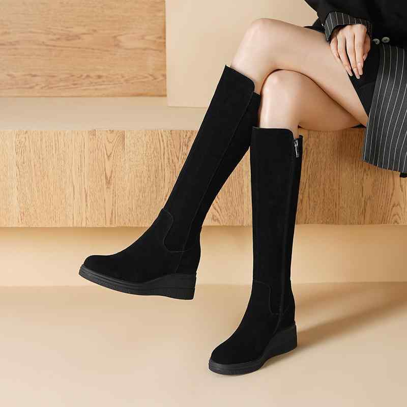 女性用 ロングブーツ スエード 革 ウェッジヒール 75cmヒール 内増高 普段使い コーディネートしやすい ハイカット 暖かみ 柔らかい素材 スタイリッシュ