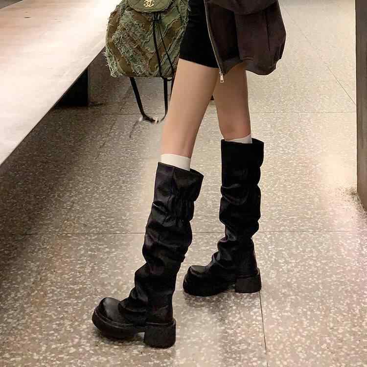 ロングブーツ レディース ブラック 厚底 プリーツ パンツフィット カジュアル 普段使い 軽量 伸縮性