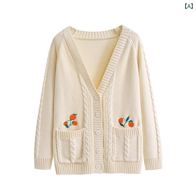 レディース カーディガン 刺繍 厚手 コットン Vネック 中長丈 ケーブルニット 長袖 フィット カジュアル 普段使い 柔らかい 暖かみ 伸縮性｜リバーパディ