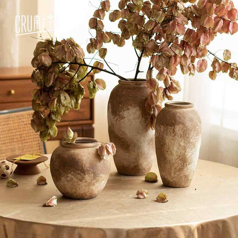 陶器 フラワーベース レトロ 粗陶 高級感 ドライフラワー 付き ?樹の実 花器 壺 リビング インテリア 置物 フロアスタンド わびさび 中国風 秋 ディスプレイ アイテム