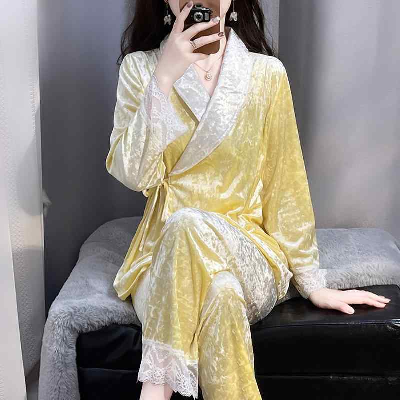 女性用 秋冬 パジャマ セット 高級感 ベルベット イエロー 外出着 ホームウェア ルームウェア 暖かみ 柔らかい 着心地 ゆったり シルエット