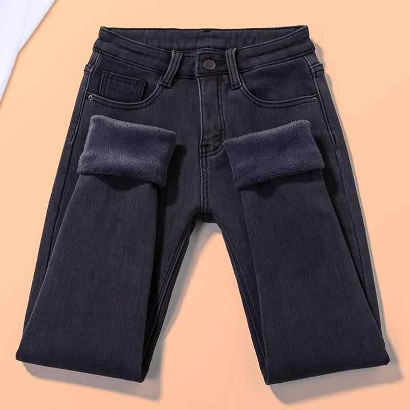 パンツ 女性用 デニム ブラックグレー フリース裏地 ストレッチ 厚手 タイト ハイウエスト スリムレッグ ペンシル 冬用 スタイルアップ カジュアル 暖か素材