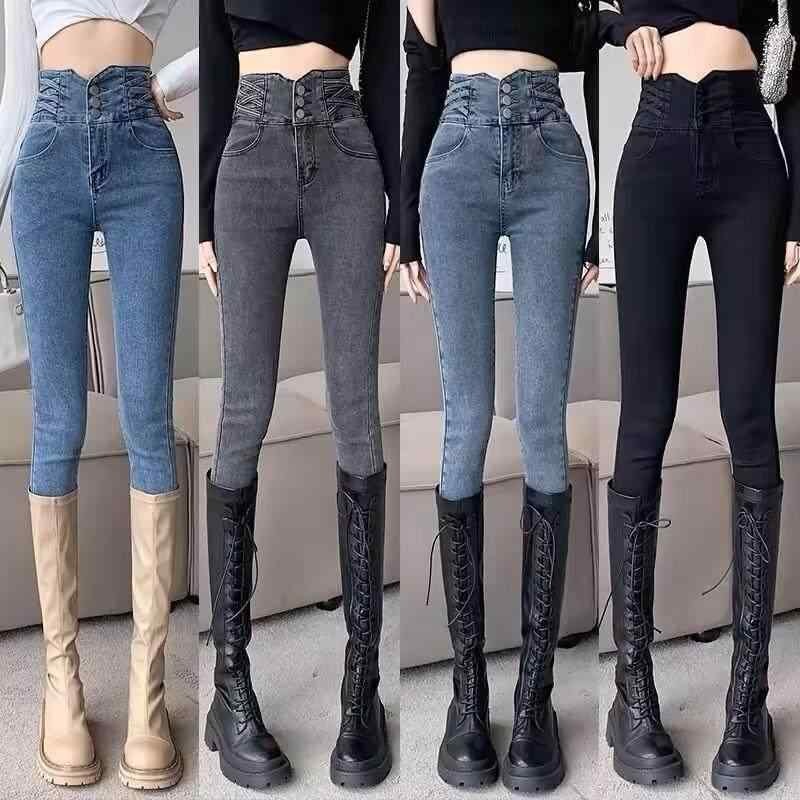 デニムパンツ レディース ハイウエスト ペンシル ストレッチ スリム 秋冬 暖か ウエストシェイプ 細身 アッシュグレー ブラック カジュアル 普段使い