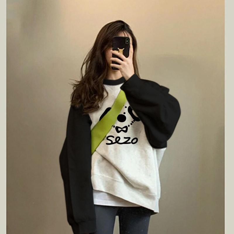 秋冬 レディース スウェット トップス ゆったり ドロップショルダー ラウンドネック 長袖 アメリカン スタイル 小柄対応 かわいい ユニーク カジュアル 暖か フィット